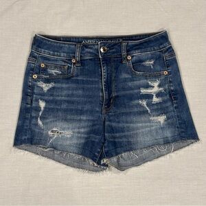 American Eagle Women's Hi-Rise Shortie Distressed Denim Jean Shorts Size 8